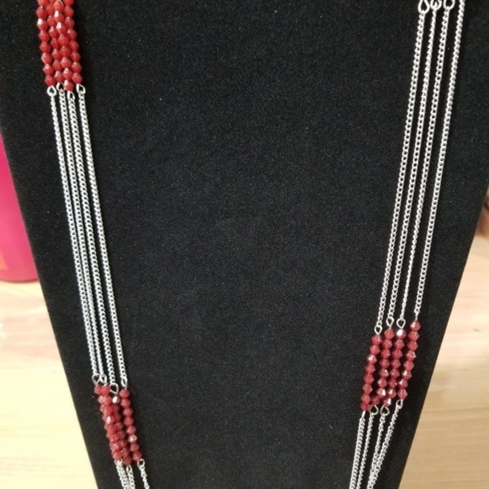 NWT Paparazzi Multi Strand Silver with Red Beads Long Necklace and Earrings Set